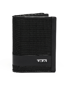this TUMI Alpha Gusseted Card Case in Black has the brand name on the front in silver.