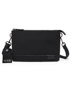This TUMI Harrison Bardin Clutch in Black has leather trims with the TUMI brand name.
