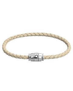 This Montblanc Meisterstück bracelet features a beige leather strap and a silver clasp with the logo.