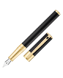 S.T. Dupont's D-Initial Black and Gold Fountain Pen with gold trims and a smooth black barrel. 