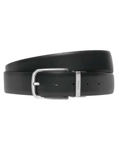 This HUGO BOSS black leather belt comes with a silver buckle with the brand name engraved onto it.