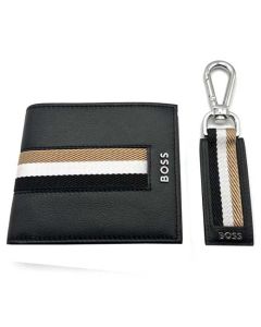 This Hugo Boss wallet and keyring gift set comes in a black leather with a stripe design.