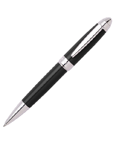 A Hugo boss Icon Ballpoint Pen Black & Chrome with the brand name engraved around the centre. 