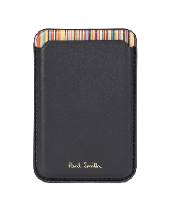 Paul Smith's Black Leather Magnetic Card Holder Signature Stripe with 1CC and the brand name embossed. 