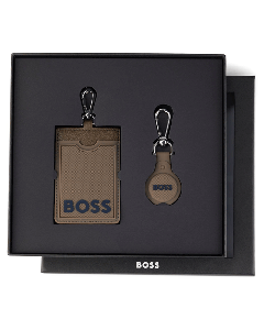 This BOSS Logo Brown Card Holder & Airtag Holder Keyring Set comes in a presentation box.