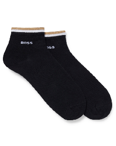 these BOSS Pack of 2 Short Black Socks with Signature Stripe are made out of a cotton blend with elastane and polyamide.