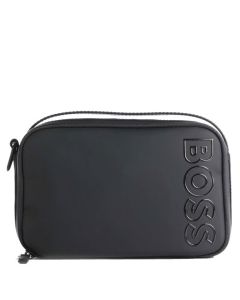 This Black Goodwin Faux Leather Wash Bag with Outlined Logo is designed by BOSS. 