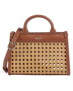This BOSS mini tote bag comes with the logo on the front and is made with brown leather.