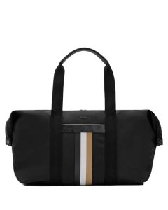 This Black Recycled Polyester First Class Holdall with Signature Stripe is designed by BOSS. 