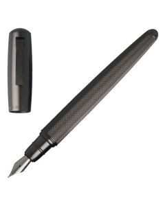 Full view of the Hugo Boss dark grey metal Pure Fountain pen with cap off.