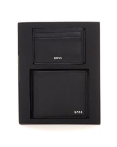 This BOSS Black Leather 8CC Bifold Wallet & Card Case Gift Set is made out of 100% sheep leather and has a smooth finish.