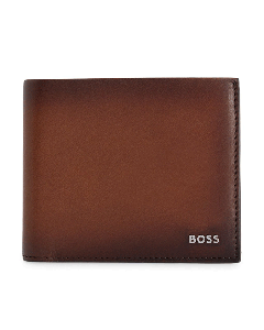 This BOSS Highway Brown Leather Wallet 4CC has the brand name on the front in silver lettering.