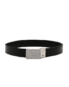 Boss Icon Reversible Black Leather Belt Menswear With Silver Plaque And Pins.