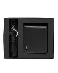 This BOSS 4CC Goatskin Leather Billfold Wallet & Keyring Set comes in black leather with polished silver hardware.