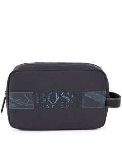 This is the BOSS Logo Artwork Navy Recycled Nylon Wash Bag. 