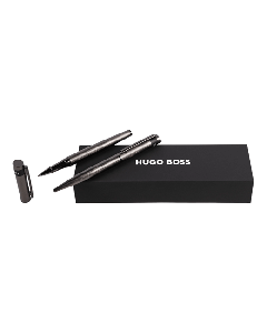 This Gunmetal Loop Diamond Ballpoint & Rollerball Pen Set by Hugo Boss comes in a branded gift box to keep them safe. 