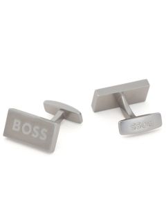 Matte Stainless Steel Rectangular Logo Engraved Cufflinks designed by BOSS.