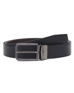 This BOSS Ocalis Gunmetal Pin Buckle Reversible Leather Belt has a plain brown leather side and a textured black leather.