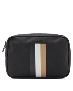 This Black Recycled Polyester Signature Stripe First Class Wash bag is designed by BOSS.