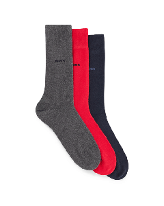 BOSS Pack of 3 Grey, Red & Navy Plain Cotton Socks