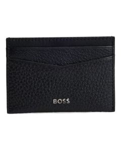 This BOSS Crosstown Black Leather Card Holder & Money Clip is made out of goat leather with a grained texture and a polyester lining in plain black.