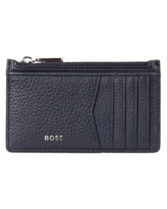 This Crosstown 10CC Navy Grained Leather Zipped Card Holder by BOSS has polished silver hardware including the lettering and zip pull.