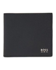 This BOSS Jinko Dark Blue 4CC Bifold Coin Wallet has a textured surface on the exterior with plain PU leather inside the bifold.