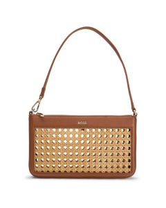 This Sandy Brown Faux Leather Woven Shoulder Bag by BOSS is great for either daytime or the evening.