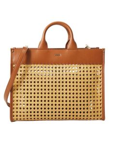 This BOSS Sandy Brown Faux Leather Woven Tote Bag is made out of faux leather and a woven panel on either side.