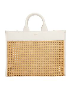 This White Faux Leather Woven Tote Bag With Zip Pouch by BOSS is made out of PU leather with a woven straw pattern on both sides.
