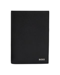 This BOSS Zair Black Textured Faux Leather Passport Cover has the foil embossed brand name on the front in silver.