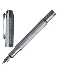 Full view of the Hugo Boss Bold chrome fountain pen shown next to the cap.