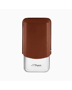 S. T. Dupont Triple Cigar Case in stainless steel and a tan brown leather cover. 