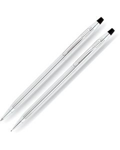 Front view of the Cross Ballpoint Pen and Pencil 0.7mm Set - Classic Century Lustrous Chrome.