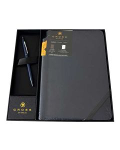 This Cross gift set features a blue click ballpoint pen and a navy leather notebook.