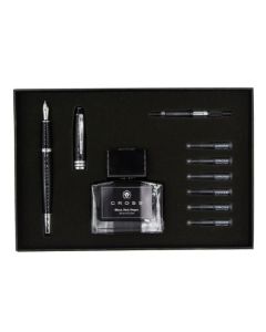 This Cross Bailey Black Lacquer Fountain Pen & Ink Set comes in a lovely presentation box with the pen, ink bottle, and cartridges aligned neatly.