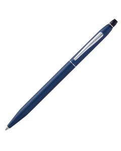 This Cross Click Metallic Navy Blue Ballpoint Pen has the brand name engraved onto the polished chrome clip towards the top.