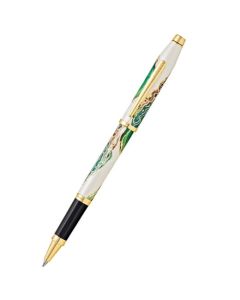 This CROSS Wanderlust Borneo Rollerball Pen has a pearlescent white lacquer barrel and cap with a pattern in shades of green and gold trims.