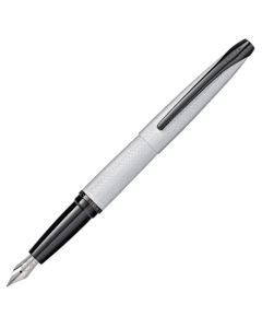 This ATX Brushed Chrome & Black PVD Fountain Pen by Cross has special engraving on the stainless steel nib which is intricate and sharp.