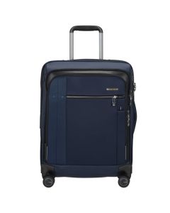 Samsonite's Spectrolite 3.0 TRVL Spinner Expandable Deep Blue Cabin Case has a front zip pocket with gunmetal hardware.