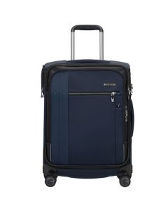 Samsonite's Spectrolite 3.0 TRVL Spinner Deep Blue Cabin Trolley has a front zip pocket with gunmetal trims.