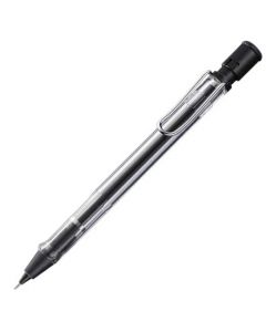 Transparent mechanical pencil with metal clip and eraser underneath button.