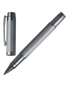 Full view of the Hugo Boss chrome-plated Bold rollerball pen with the cap remvoved.