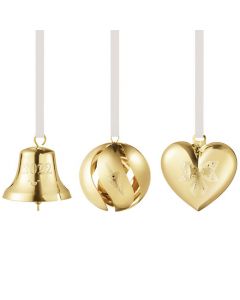 This 18 KT. Gold Plated Ball, Bell, Heart Christmas Gift Set was designed by Georg Jensen. 