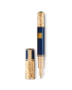 Montblanc's Masters of Art Gustav Klimt 4810 Fountain Pen Limited Edition has a gold-coated cap and barrel with precious resin in blue.