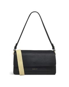 Radley's Leather Lane Medium Black Flapover Shoulder Bag is made out of grained cowhide leather with a flap closure into the main compartment.