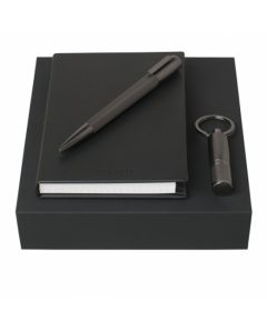 Black A6 Notepad, Ballpoint Pen and Keyring USB Set by Hugo Boss.