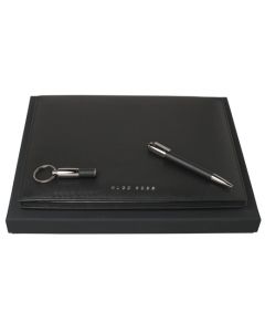 Hugo Boss A4 Black Leather Folder, Ballpoint and Keyring Set by Hugo Boss.