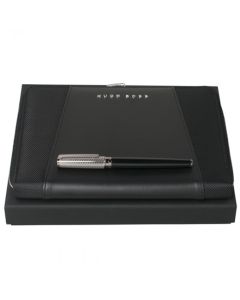 A5 black leather folder and rollerball pen set by Hugo Boss.