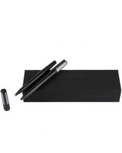 This Black & Chrome Gear Minimal Ballpoint & Rollerball Pen Set has been designed by Hugo Boss. 